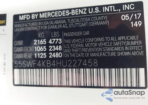 2017 Mercedes-Benz C 300 4Matic из США, поврежденный, VIN 55SWF4KB4HU227458